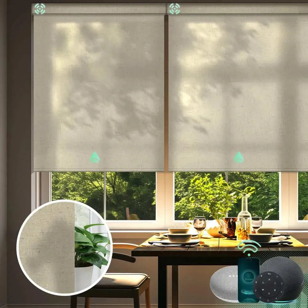 Custom light filtering roller shades with half shading v-haystack yellow fabric, ideal for living rooms, dining areas, and home offices.