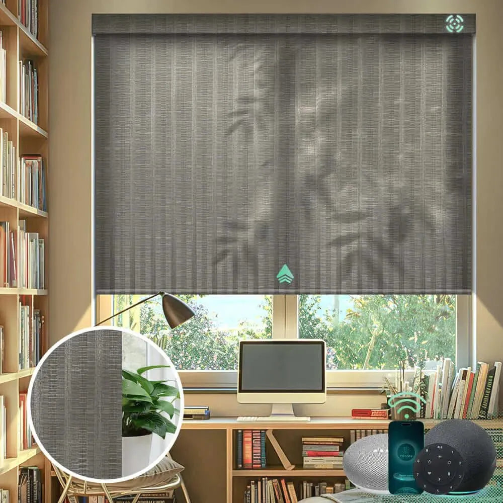 Custom light filtering roller shades with half shading v-jungle green fabric, ideal for living rooms, dining areas, and home offices.