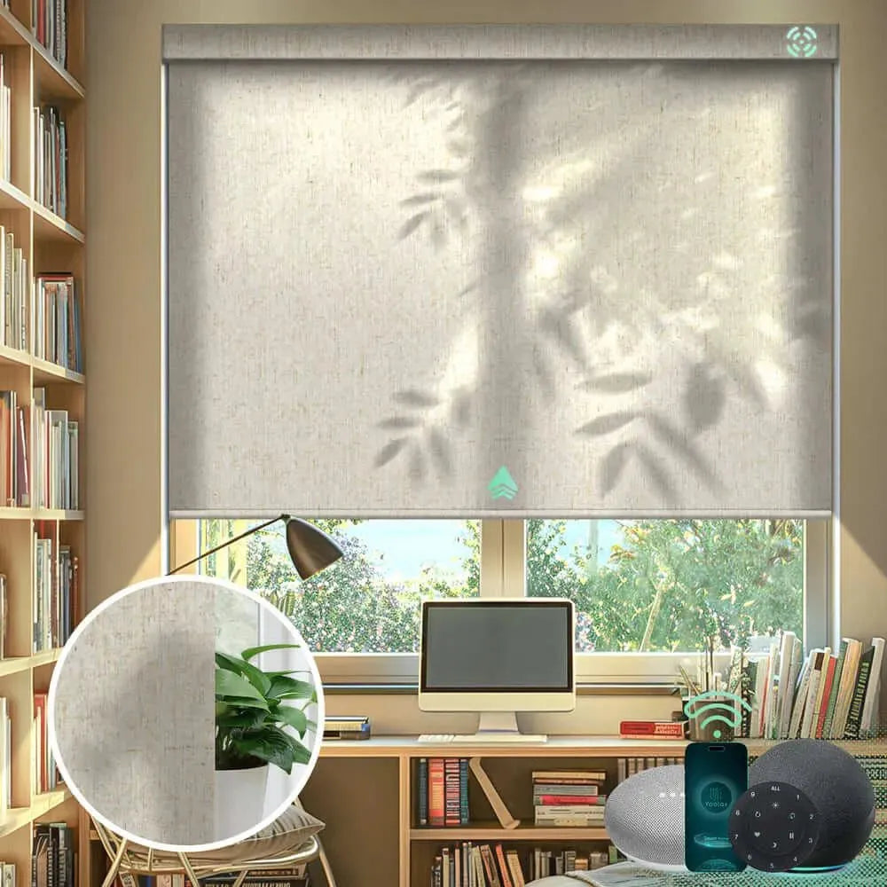 Custom light filtering roller shades with half shading v-jungle linen fabric, ideal for living rooms, dining areas, and home offices.