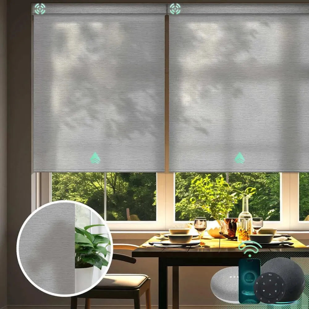 Custom light filtering roller shades with room darkening shinny grey fabric, ideal for living rooms, dining areas, and home offices.