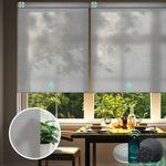 Custom light filtering roller shades with room darkening shinny grey fabric, ideal for living rooms, dining areas, and home offices.