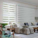 Custom zebra blinds with 100% blackout striped ivory fabric, ideal for soft light control and modern interiors