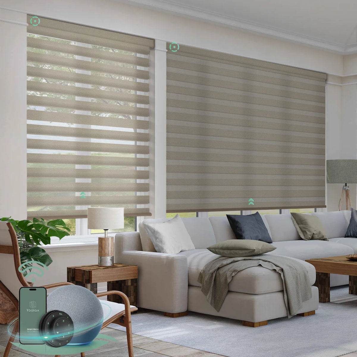 Custom zebra blinds with 60% light filtering sandy yellow fabric, ideal for soft light control and modern interiors