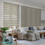 Custom zebra blinds with 60% light filtering sandy yellow fabric, ideal for soft light control and modern interiors