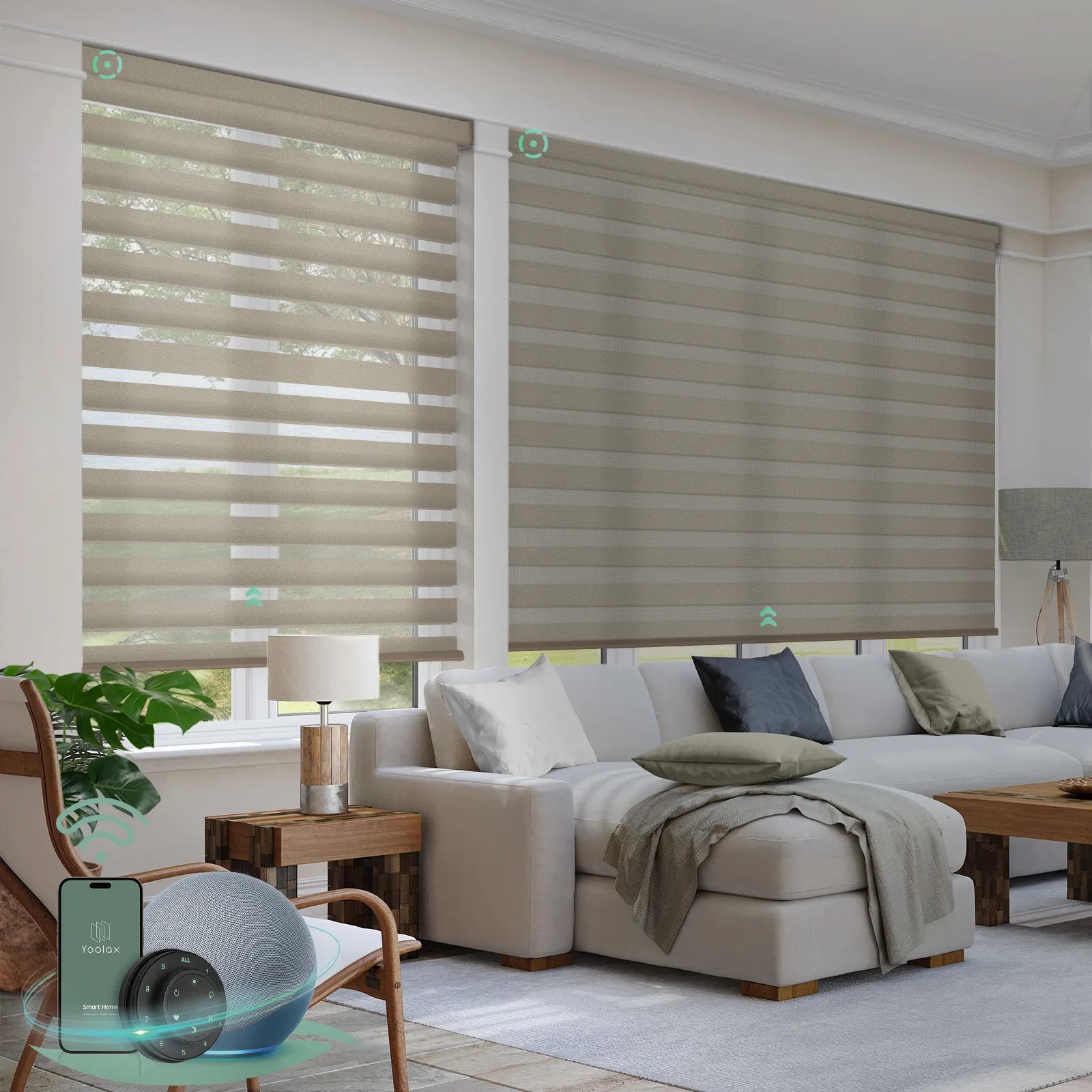 Custom zebra blinds with 60% light filtering sandy yellow fabric, ideal for soft light control and modern interiors