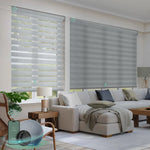 Automatic zebra blinds with 60% light filtering white fabric, ideal for soft light control and modern interiors