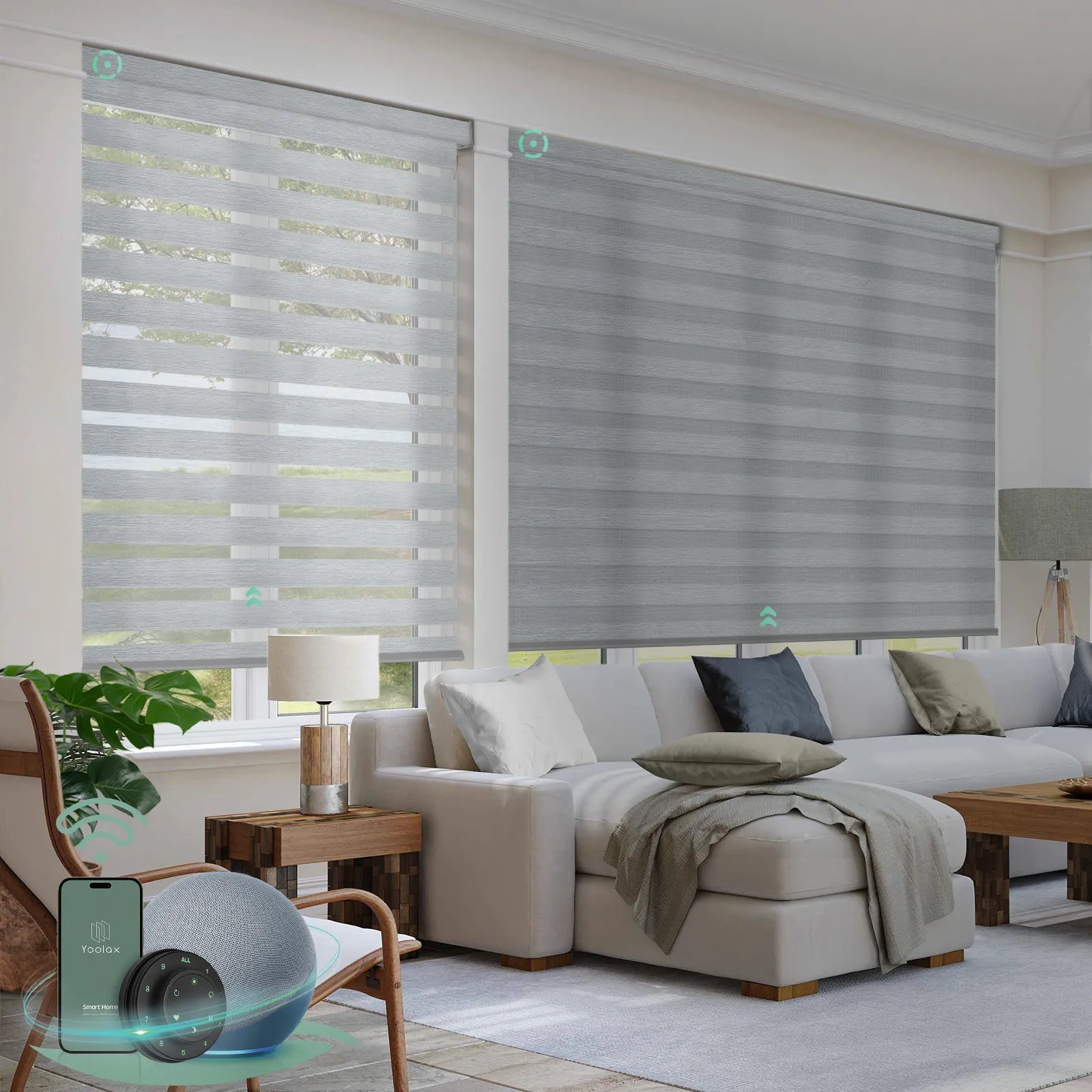Automatic zebra blinds with 60% light filtering white fabric, ideal for soft light control and modern interiors