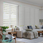 Automatic zebra blinds with 60% light filtering white fabric, ideal for soft light control and modern interiors