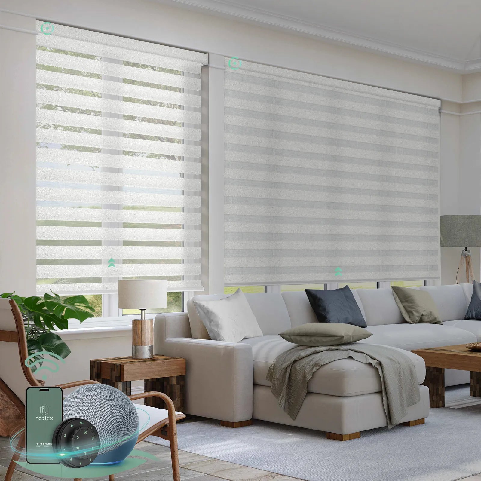 Automatic zebra blinds with 60% light filtering white fabric, ideal for soft light control and modern interiors