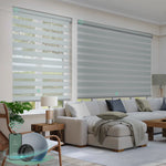 Custom zebra blinds with 90% room darkening starry gray fabric, ideal for soft light control and modern interiors