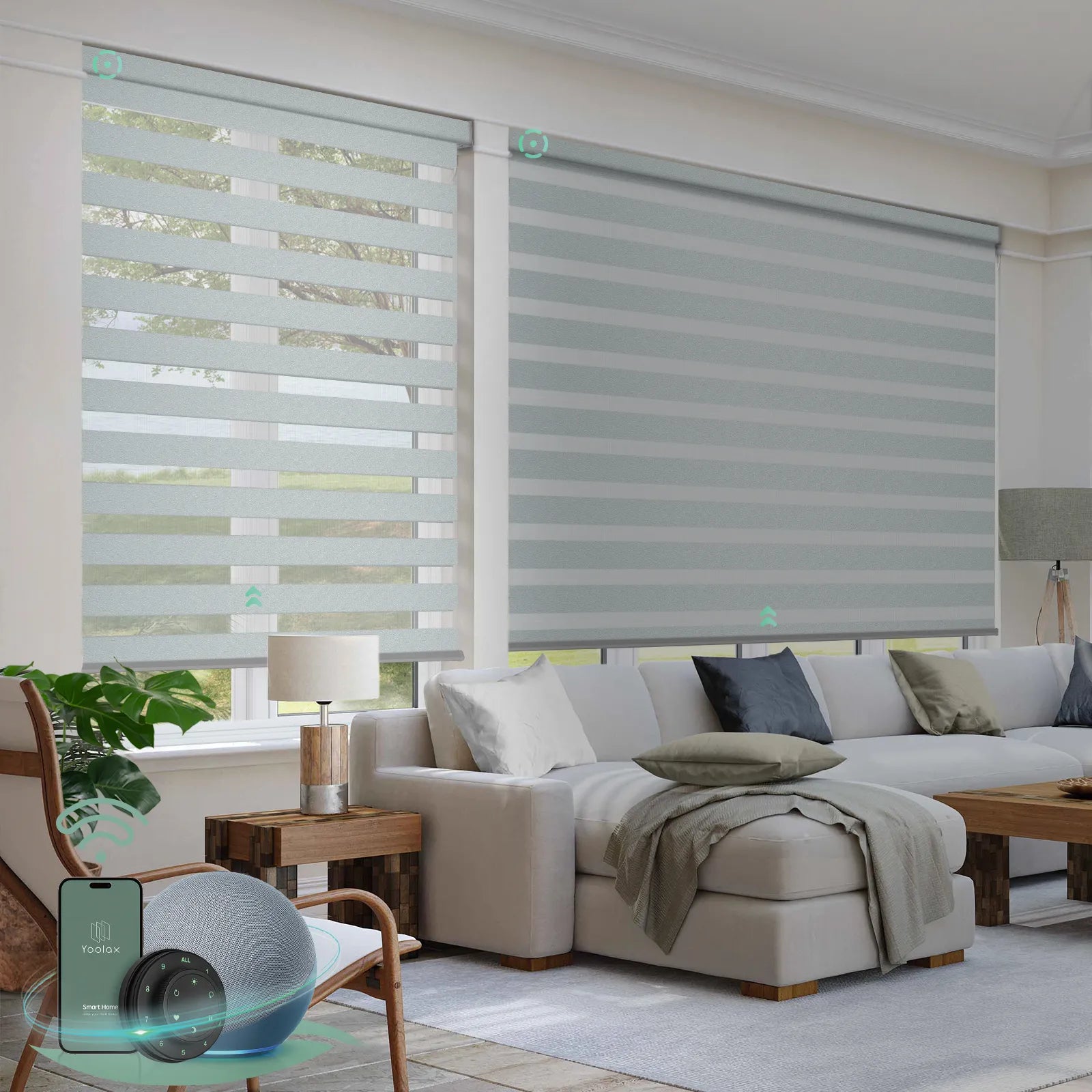 Custom zebra blinds with 90% room darkening starry gray fabric, ideal for soft light control and modern interiors