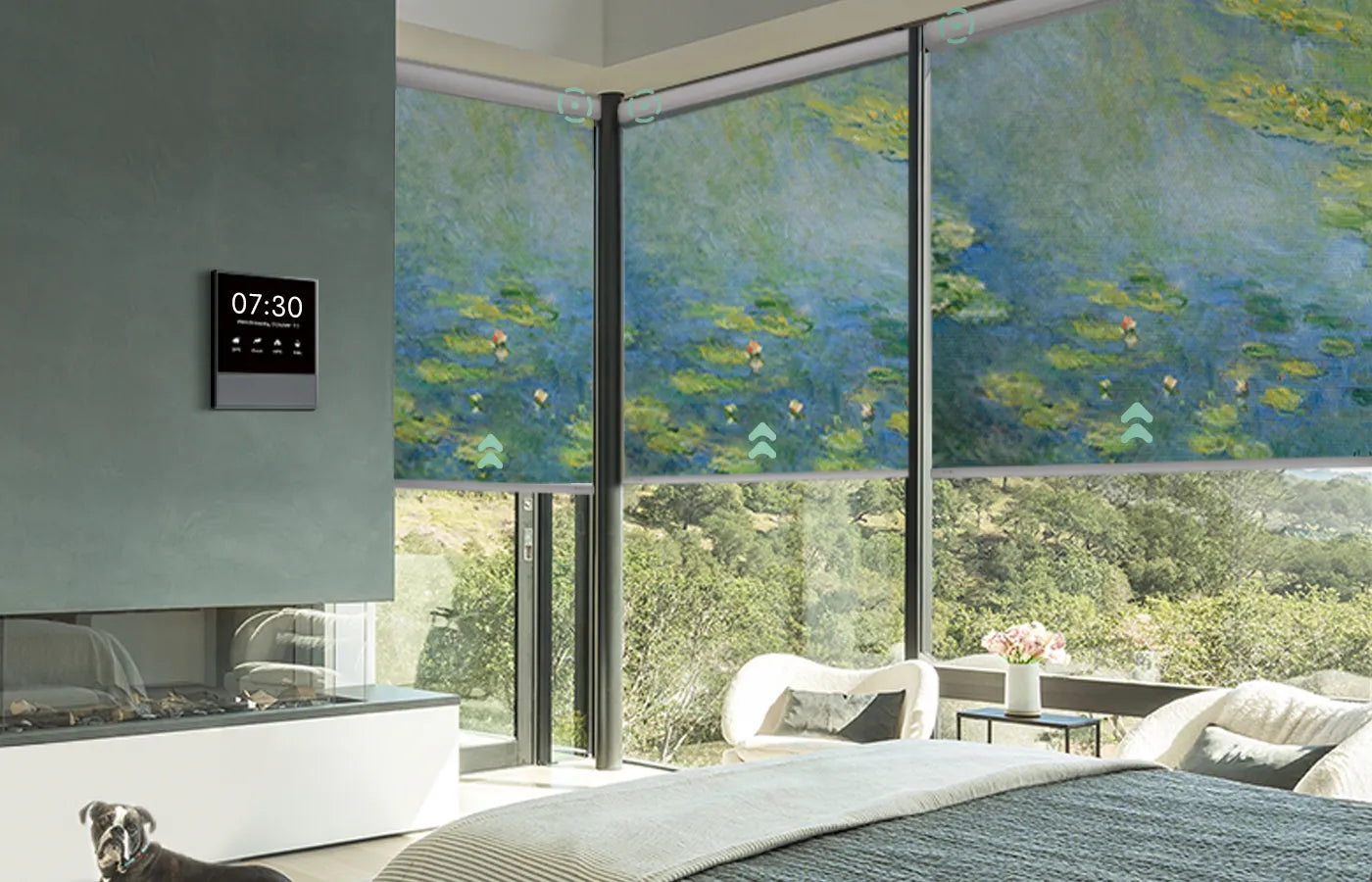 Modern interior with motorized roller shades by Yoolax, creating a relaxing and personalized living environment.
