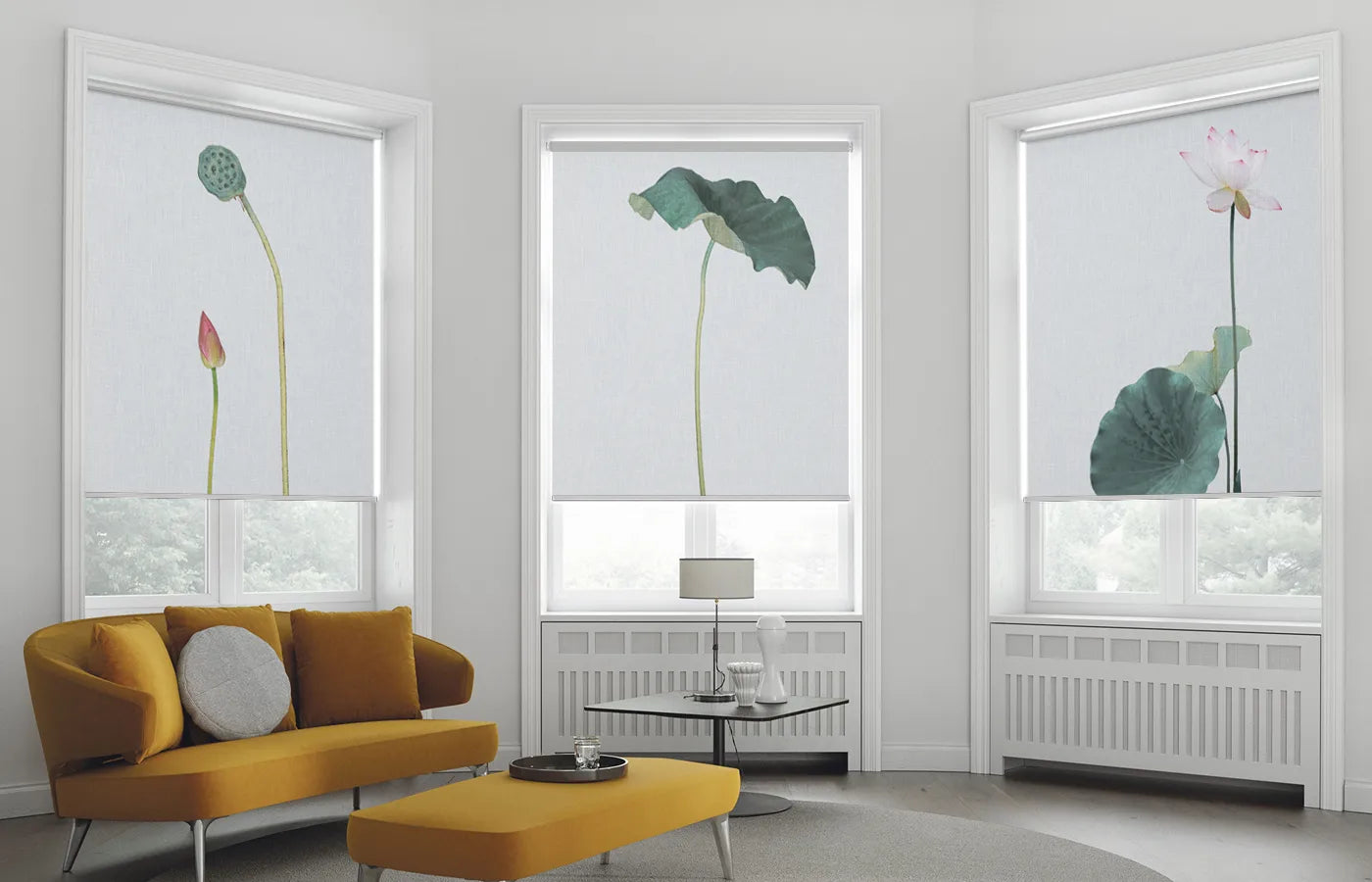 Smart motorized roller shades with user-uploaded photo design, installed in a modern home interior.