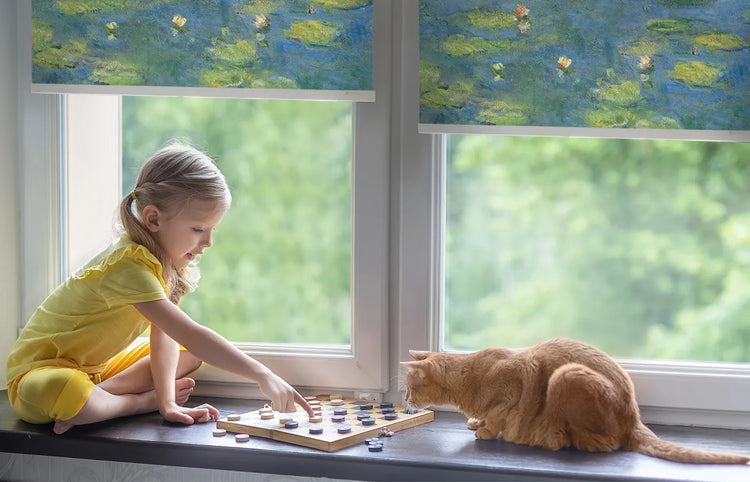 Child-safe motorized roller shades cordless design and smooth, remote-controlled operation.
