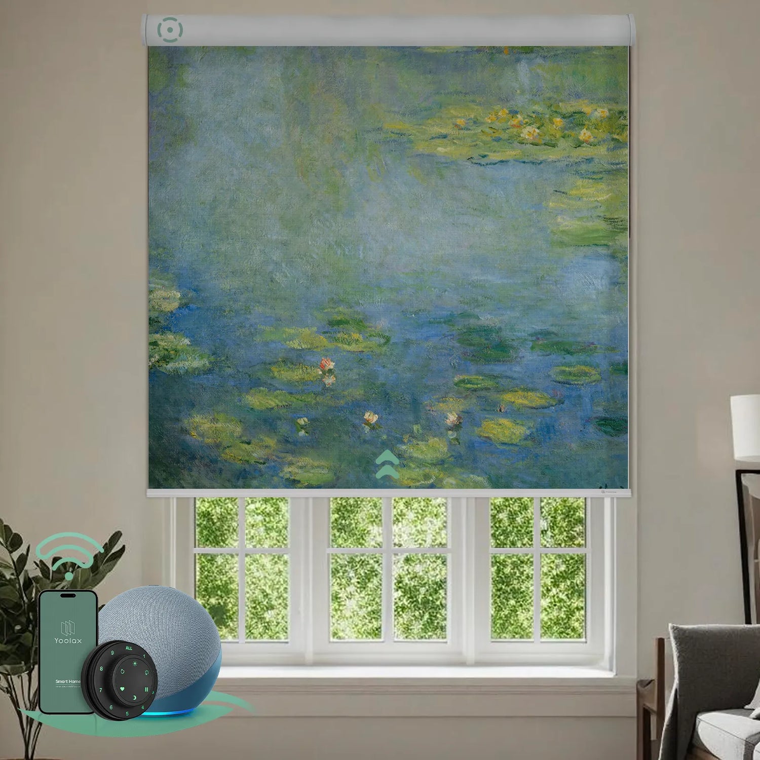Yoolax motorized roller shades with custom photo design installed in a bright living room, featuring artistic water lily design and smart control accessories