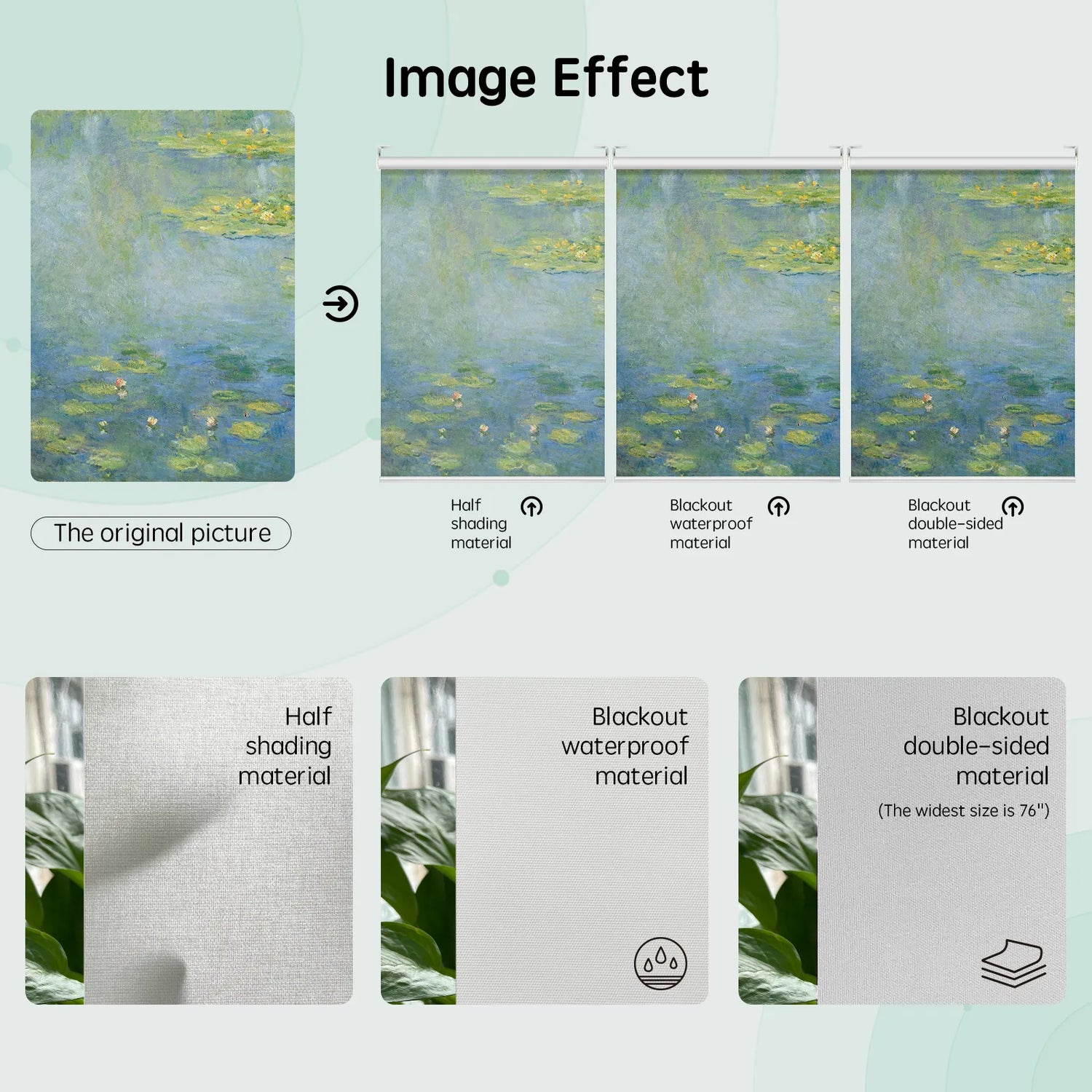 The look of your custom design varies with the fabric's light-blocking level — from light filtering to blackout