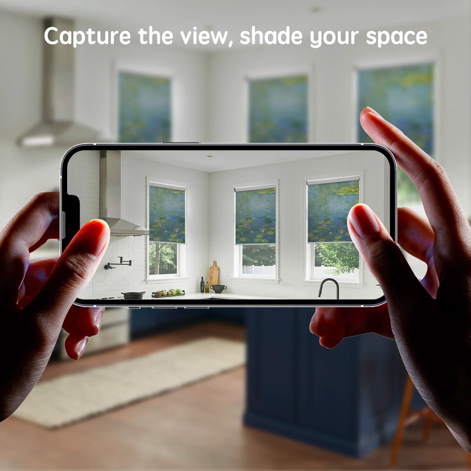 Smartphone showing custom photo roller shades in a kitchen, matching the real window shades behind it