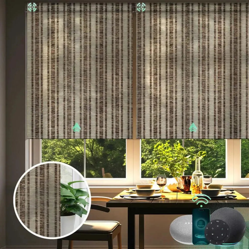 Electric light filtering roller shades with half shading v-jungle brown fabric, ideal for living rooms, dining areas, and home offices.