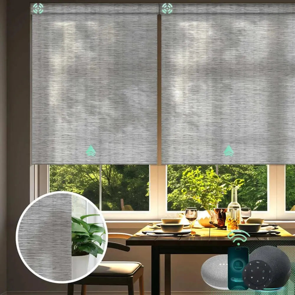 Electric light filtering roller shades with half shading v-jungle greyish white fabric, ideal for living rooms, dining areas, and home offices.