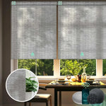 Electric light filtering roller shades with half shading v-jungle greyish white fabric, ideal for living rooms, dining areas, and home offices.