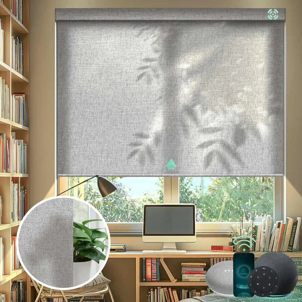 Electric light filtering roller shades with half shading v-shimmer light gray fabric, ideal for living rooms, dining areas, and home offices.