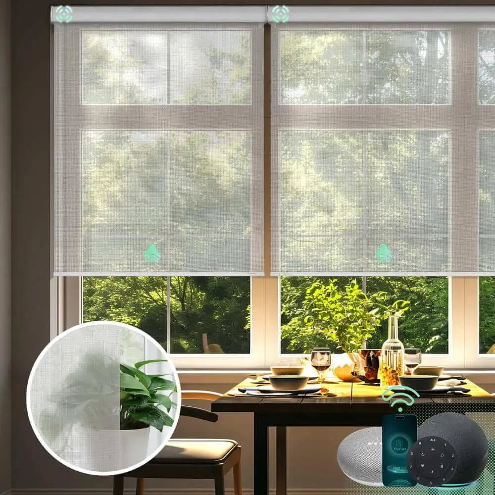 Electric light filtering roller shades with sheer v-haze white fabric, ideal for living rooms, dining areas, and home offices.