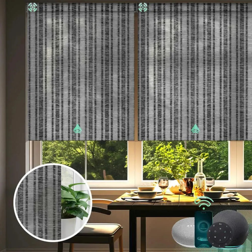 Light filtering roller shades with half shading v-jungle dark grey fabric, ideal for living rooms, dining areas, and home offices.