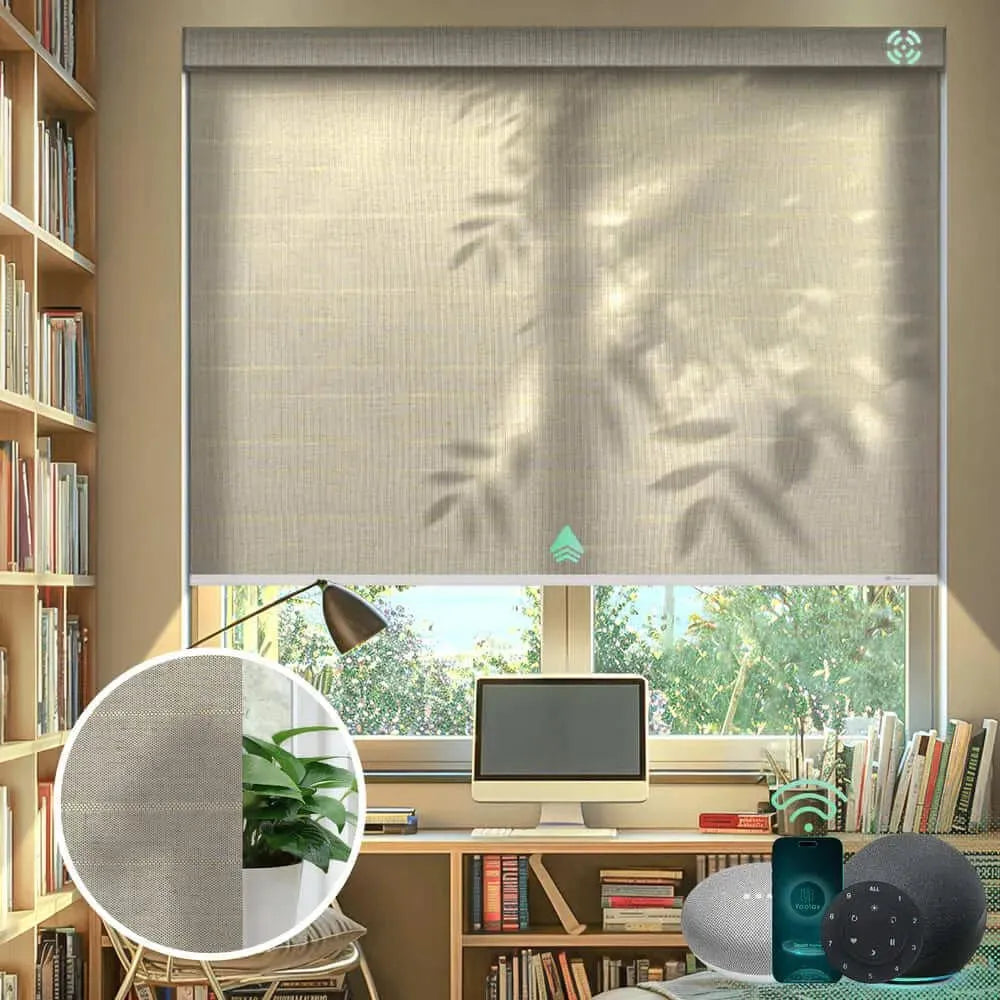 Light filtering roller shades with semi sheer v-woven dune fabric, ideal for living rooms, dining areas, and home offices.