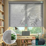 Yoolax motorized roller shades with half shading foggy grey fabric, ideal for living rooms, dining areas, and home offices.