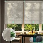 Yoolax motorized roller shades with half shading jacquard coffee fabric, ideal for living rooms, dining areas, and home offices.