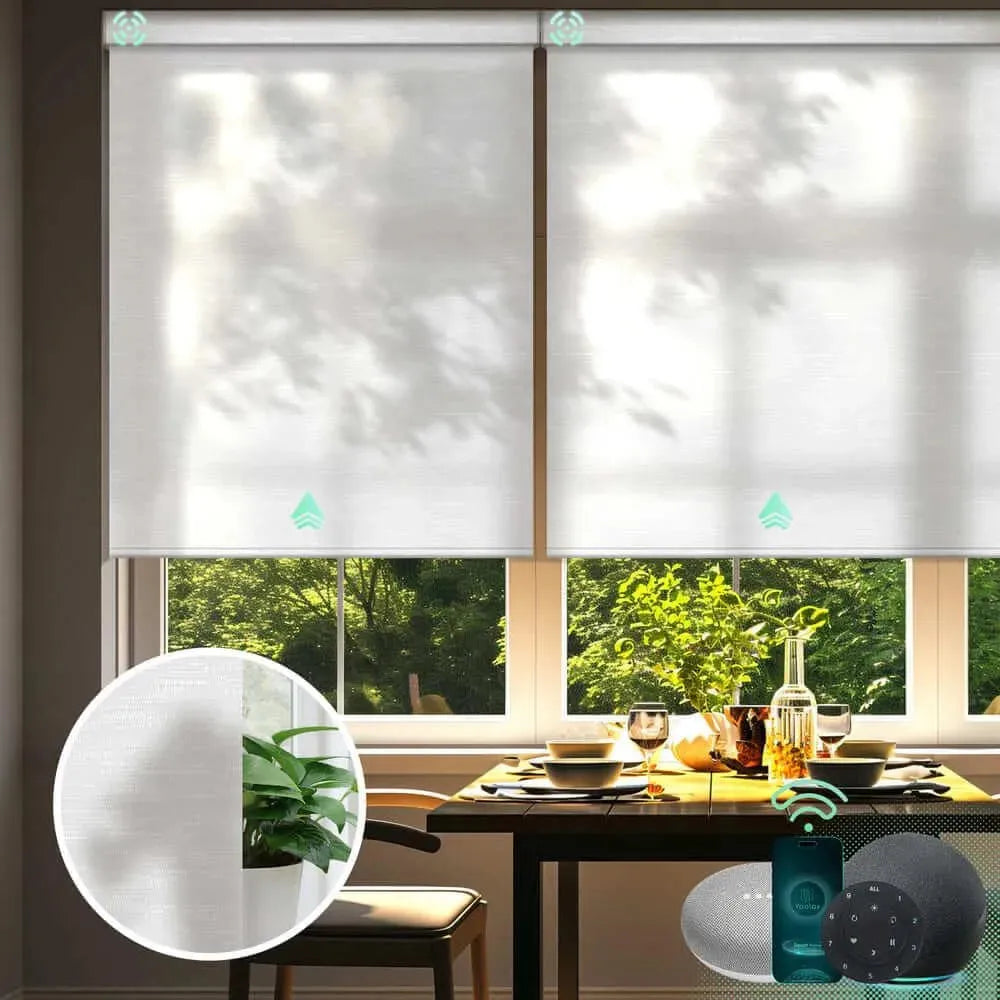Yoolax motorized roller shades with half shading jacquard white fabric, ideal for living rooms, dining areas, and home offices.