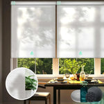 Yoolax motorized roller shades with half shading jacquard white fabric, ideal for living rooms, dining areas, and home offices.