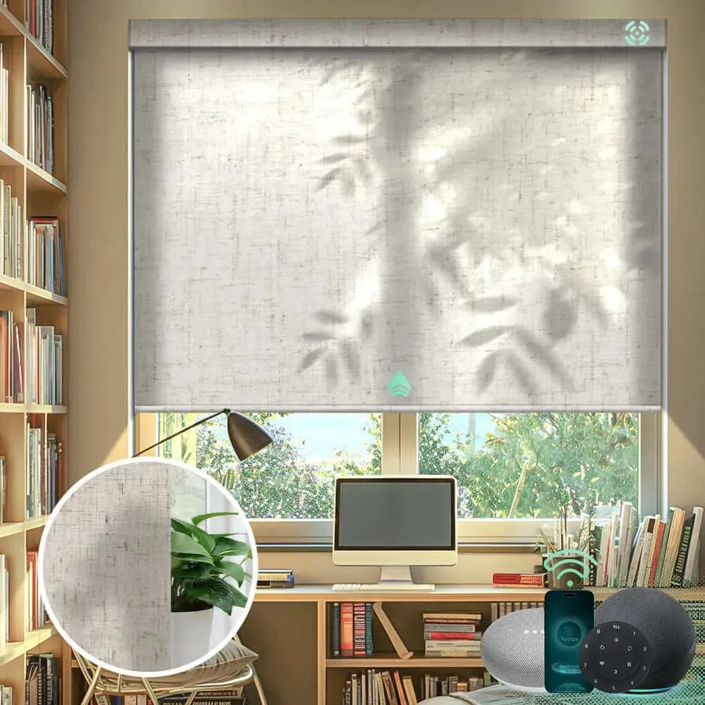 Yoolax motorized roller shades with half shading linen beige fabric, ideal for living rooms, dining areas, and home offices.