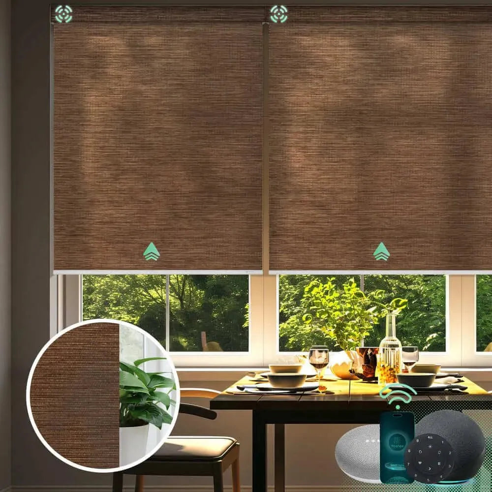 Yoolax motorized roller shades with semi sheer eco cocoa fabric, ideal for living rooms, dining areas, and home offices.