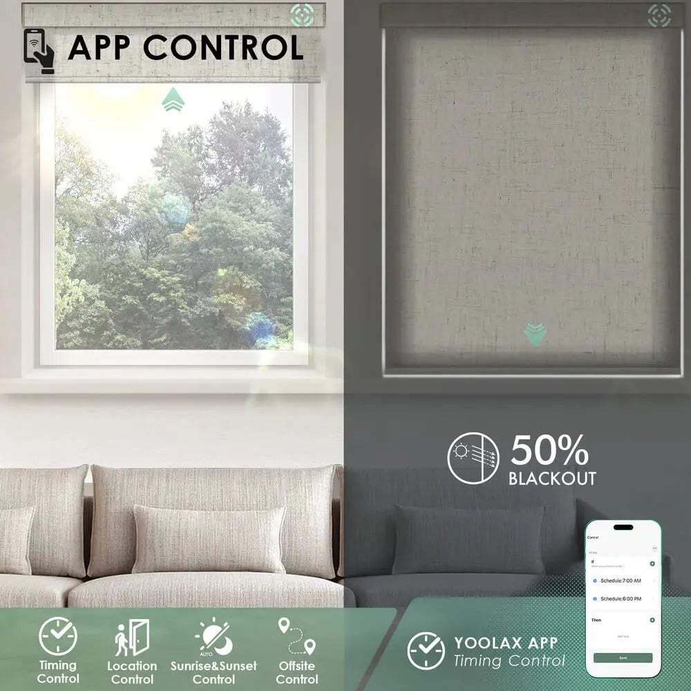 Smart light filtering roller shades with voice control, app control, and timer functions