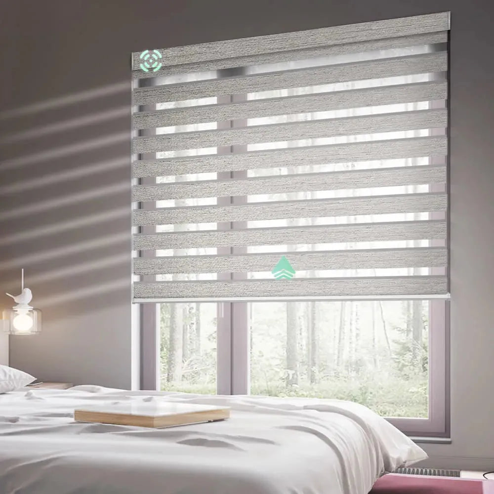 Yoolax motorized zebra shades with 70% light filtering warm silver fabric, ideal for soft light control and modern interiors