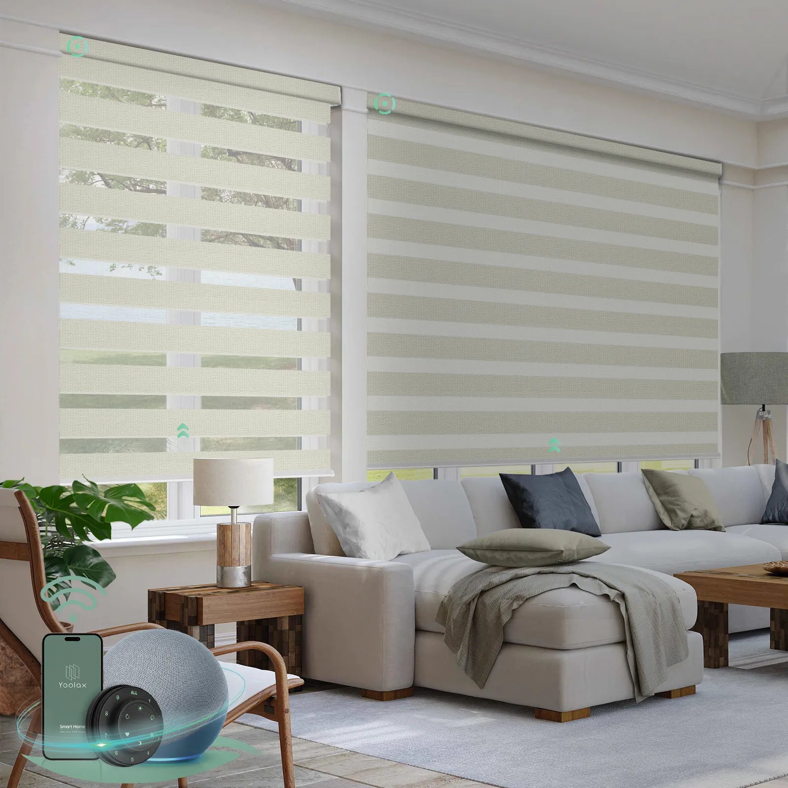 Smart Zebra blinds for windows with 100% blackout striped gold fabric, ideal for soft light control and modern interiors