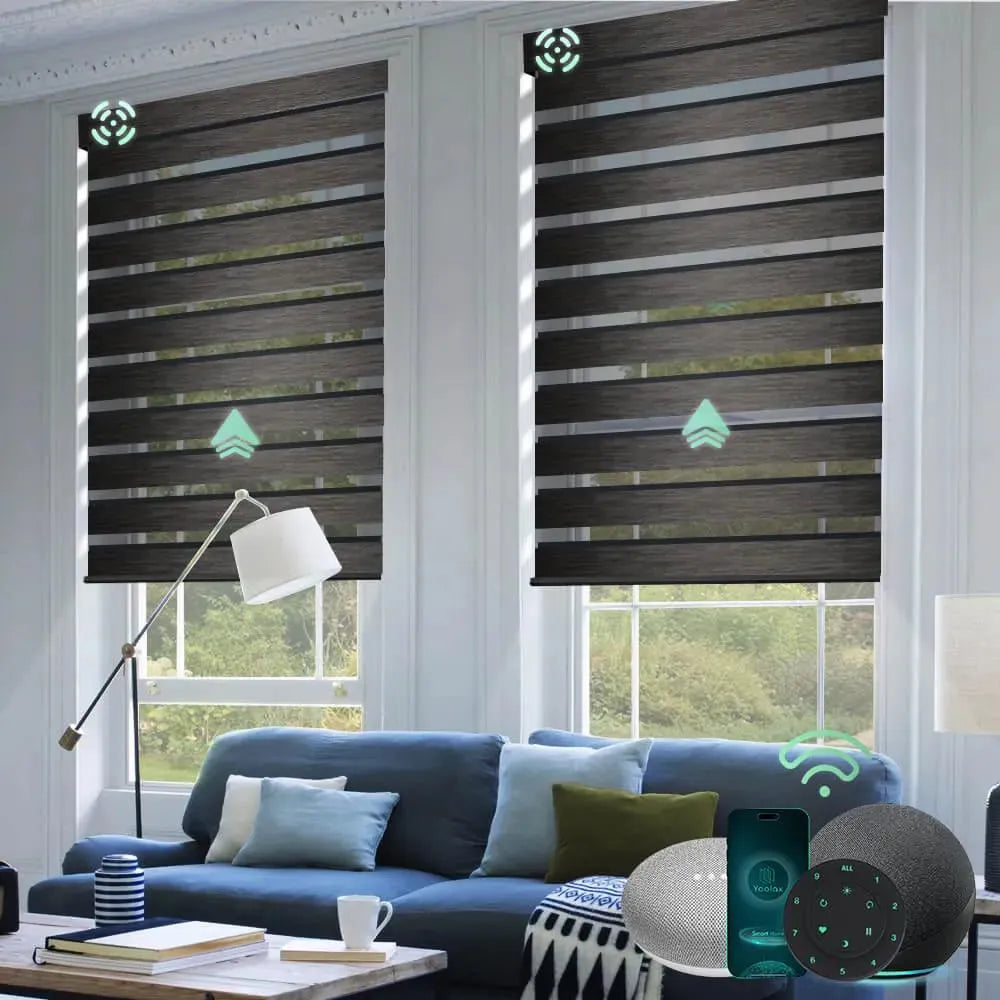 Smart Zebra blinds for windows with 95% room darkening carbon black fabric, ideal for soft light control and modern interiors