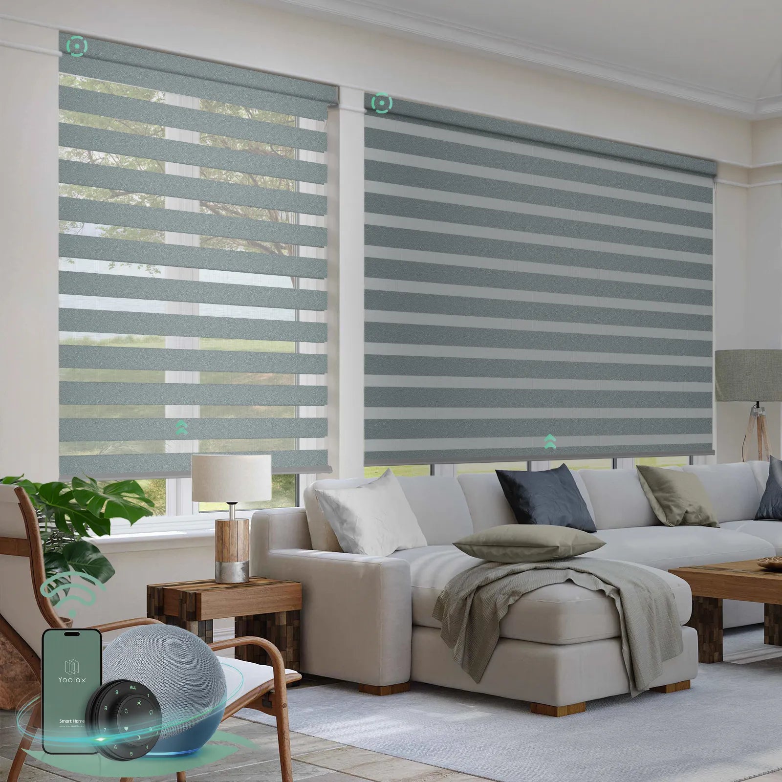 Automatic zebra blinds for windows with 90% room darkening starrycharcoal fabric, ideal for soft light control and modern interiors