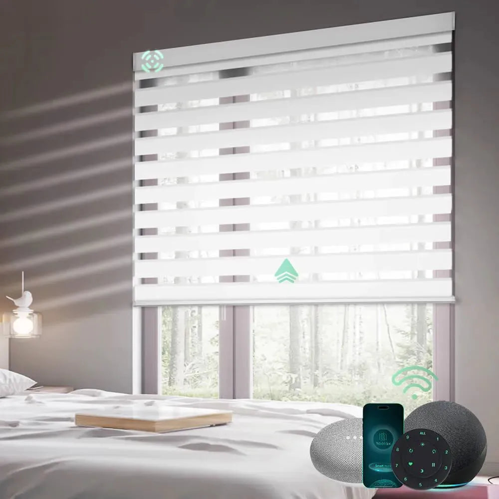 Motorized zebra roller shades with 90% room darkening white matter fabric, ideal for soft light control and modern interiors