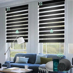 Motorized zebra roller shades with 70% light filtering wool black fabric, ideal for soft light control and modern interiors