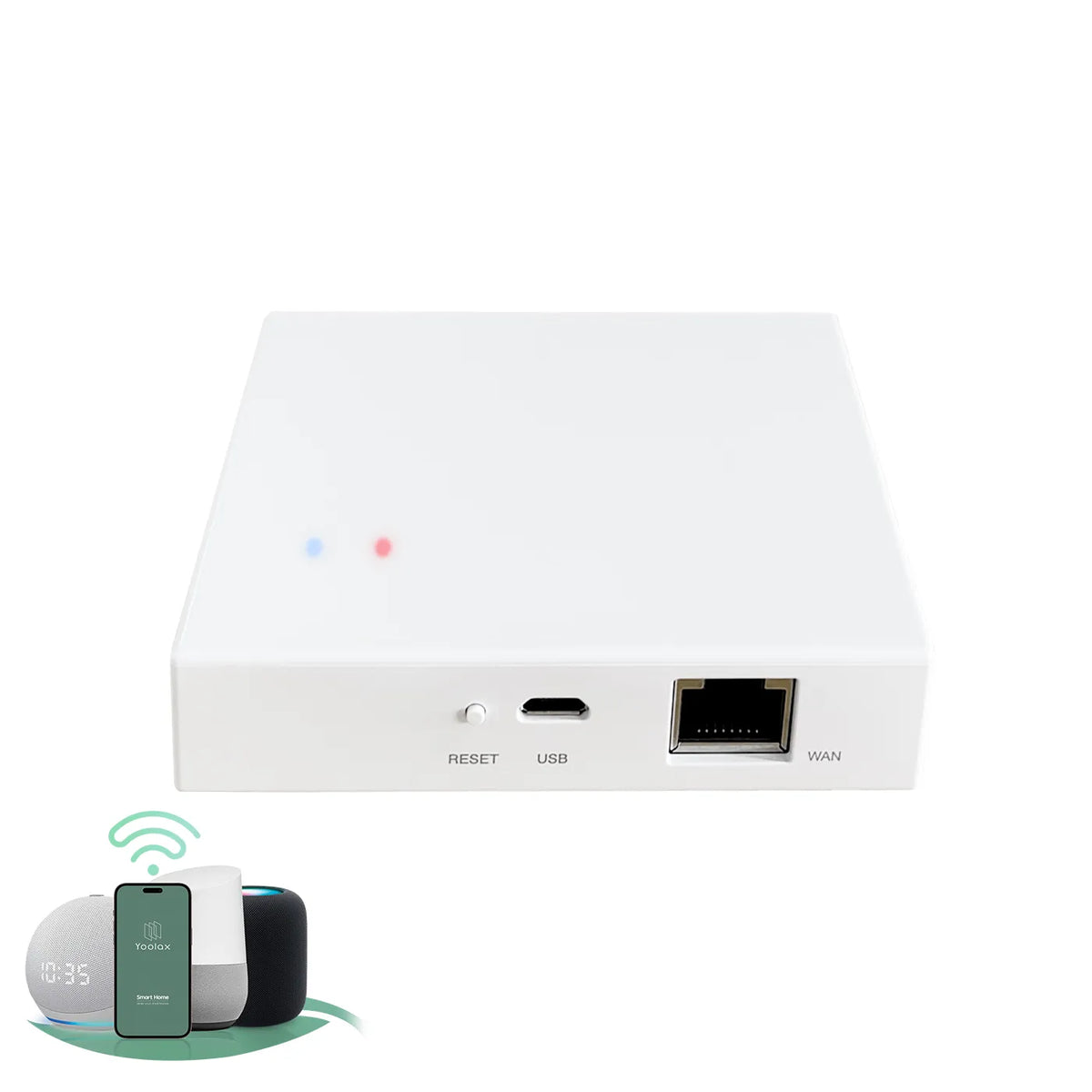 White zigbbe matter hub supports voice and app control, compatible with smart speakers and smartphones