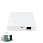 White zigbbe matter hub supports voice and app control, compatible with smart speakers and smartphones