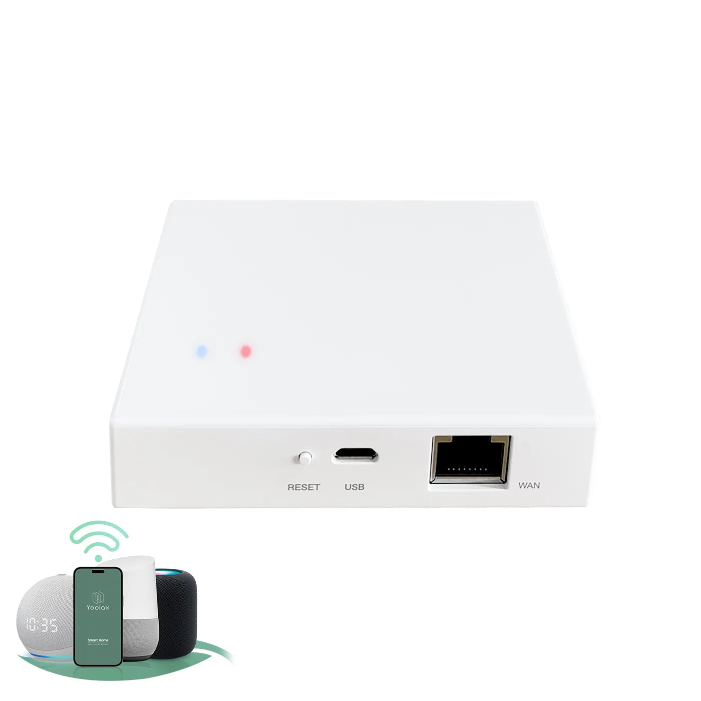 White zigbbe matter hub supports voice and app control, compatible with smart speakers and smartphones
