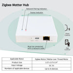 Zigbee matter hub for Smart shades Control, requires a wired network connection, measures 3.5''×3.5''×0.9'', DC 5V input, supports up to 16 RF/Bluetooth devices, ideal for smart home automation