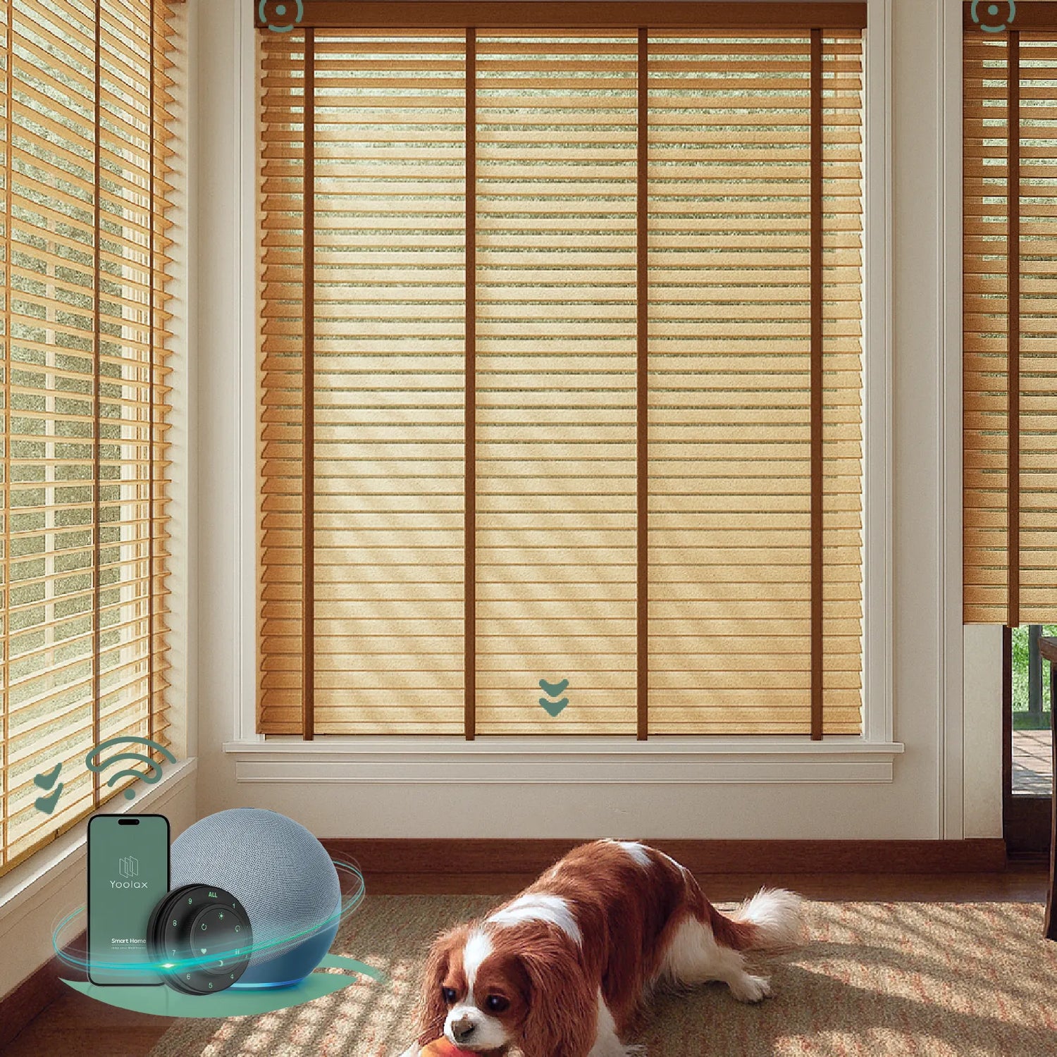 Smart bamboo blinds in a modern living room, compatible with remote control, smartphone, and smart home devices