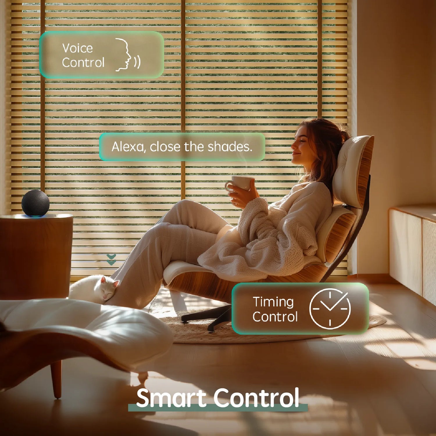 Motorized bamboo blinds with voice control, app control, and timer functions
