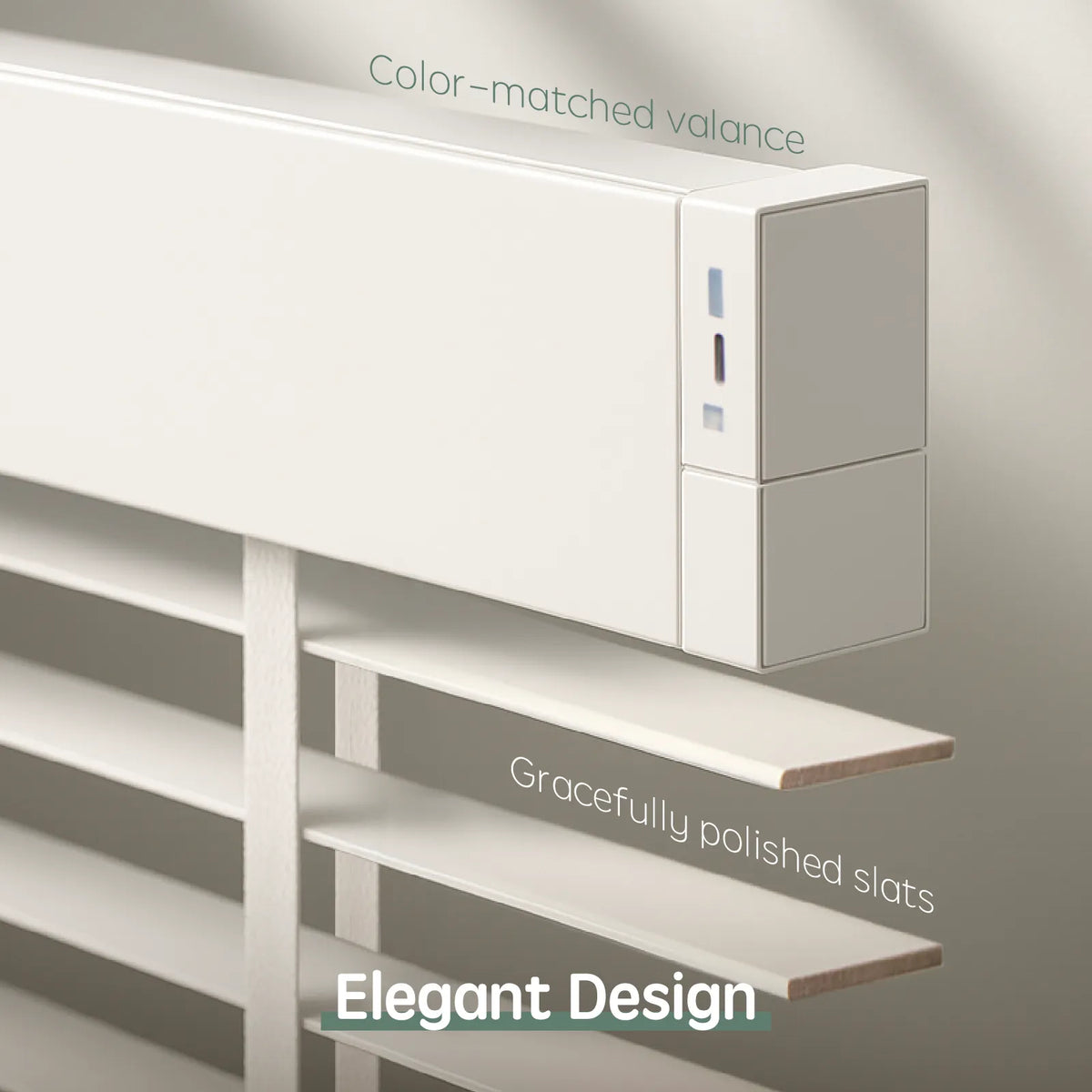 Elegant white wood blinds with color-matched valance and polished slats, ideal for modern window treatment design
