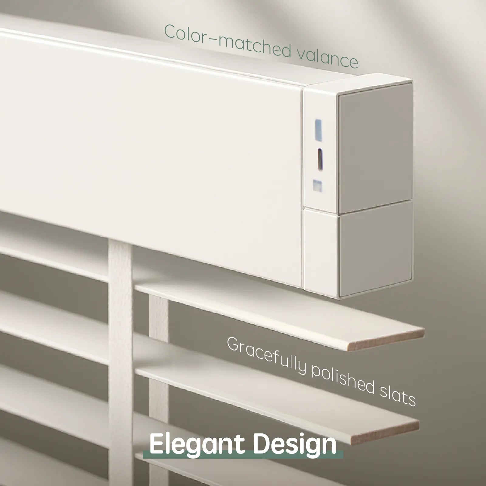 Elegant white wood blinds with color-matched valance and polished slats, ideal for modern window treatment design