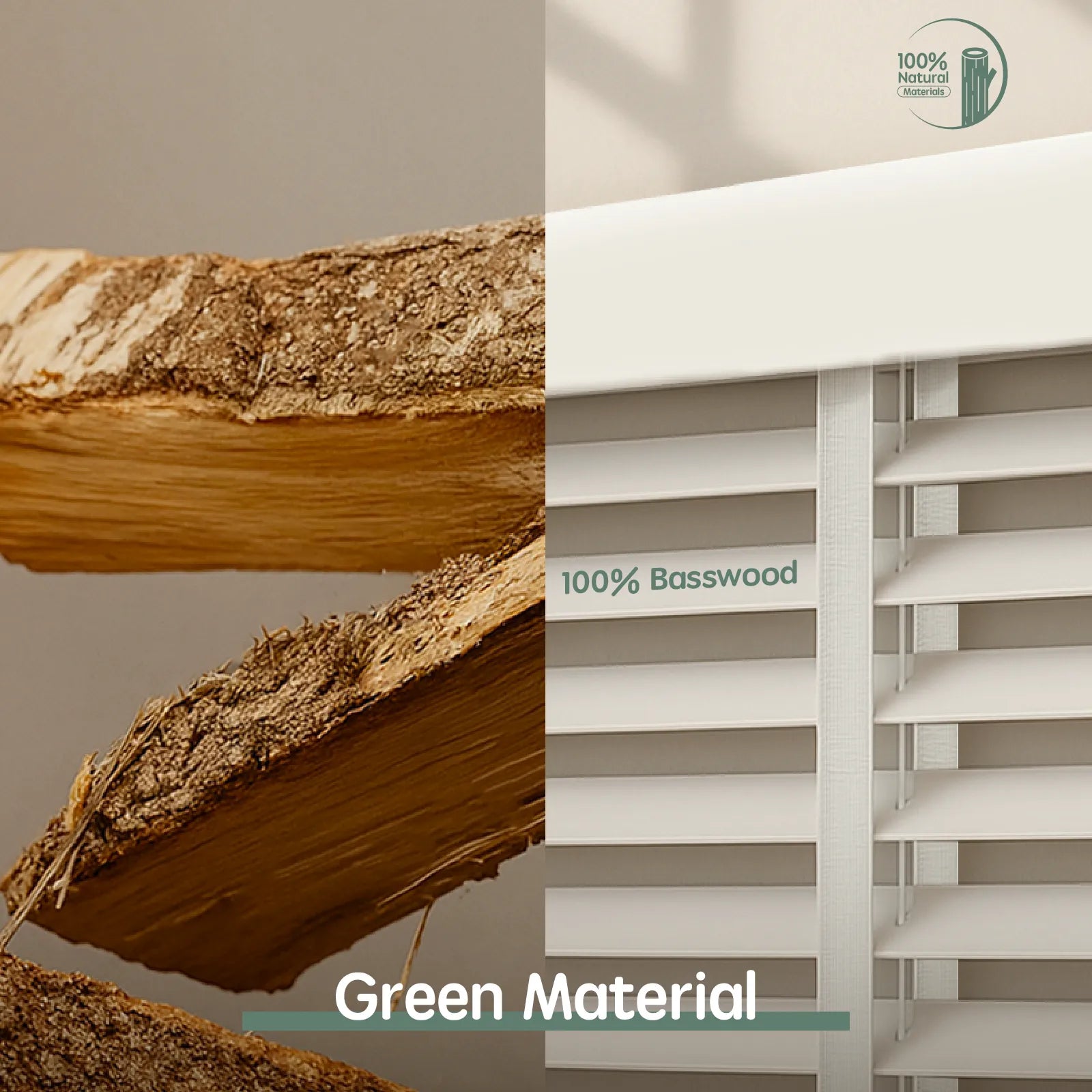 Eco-friendly wood blinds made from 100% natural basswood, showcasing raw wood texture and sustainable green material